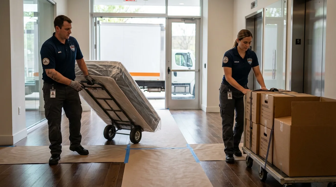 Professional apartment movers loading elevator in Pegram, TN