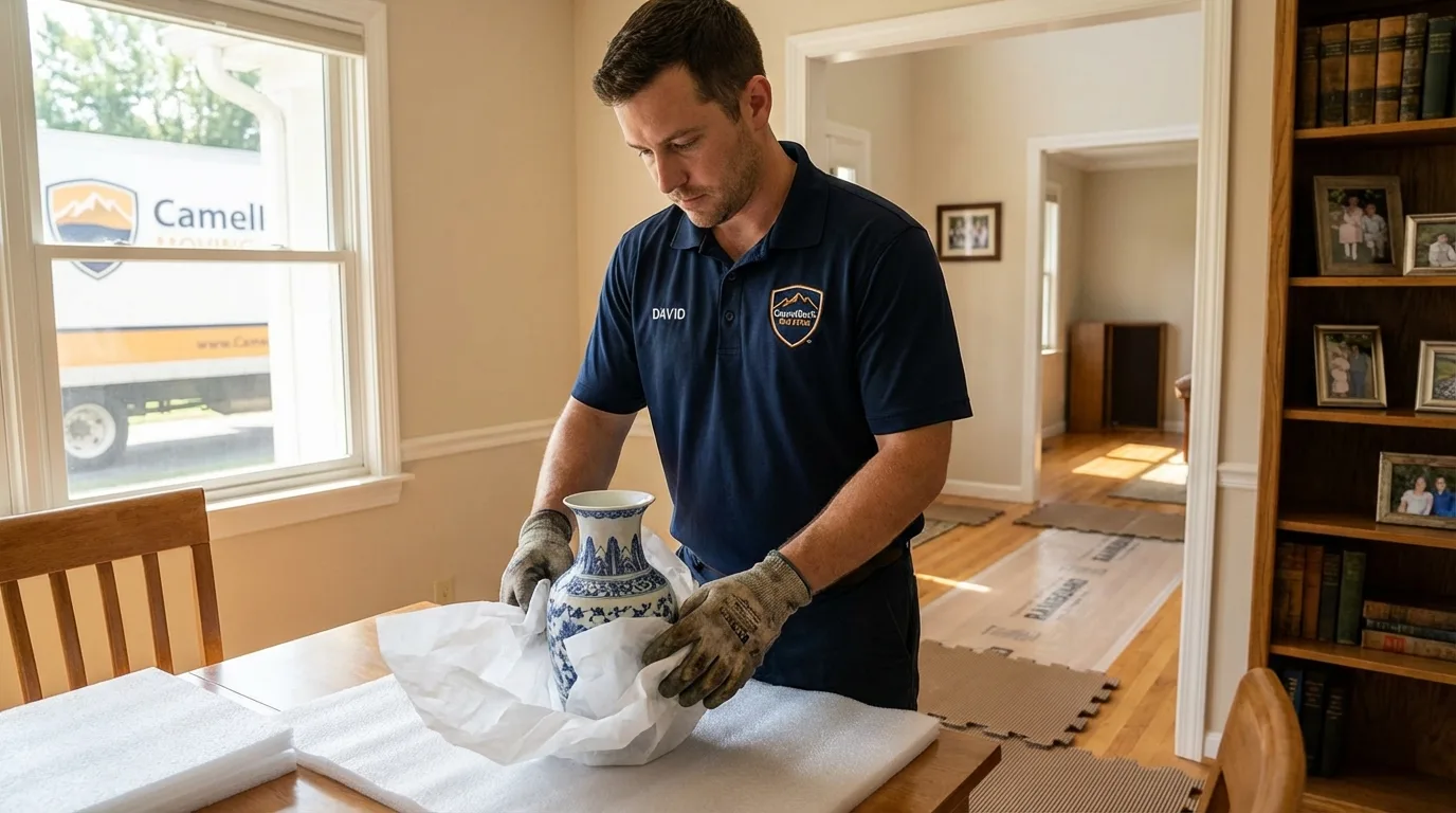Professional crew carefully wrapping antique vase for senior downsizing move in Pegram, TN